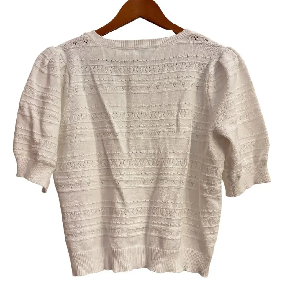 Draper James White Textured Knit Sweater XL Button Front Preppy Feminine Spring - Picture 3 of 9